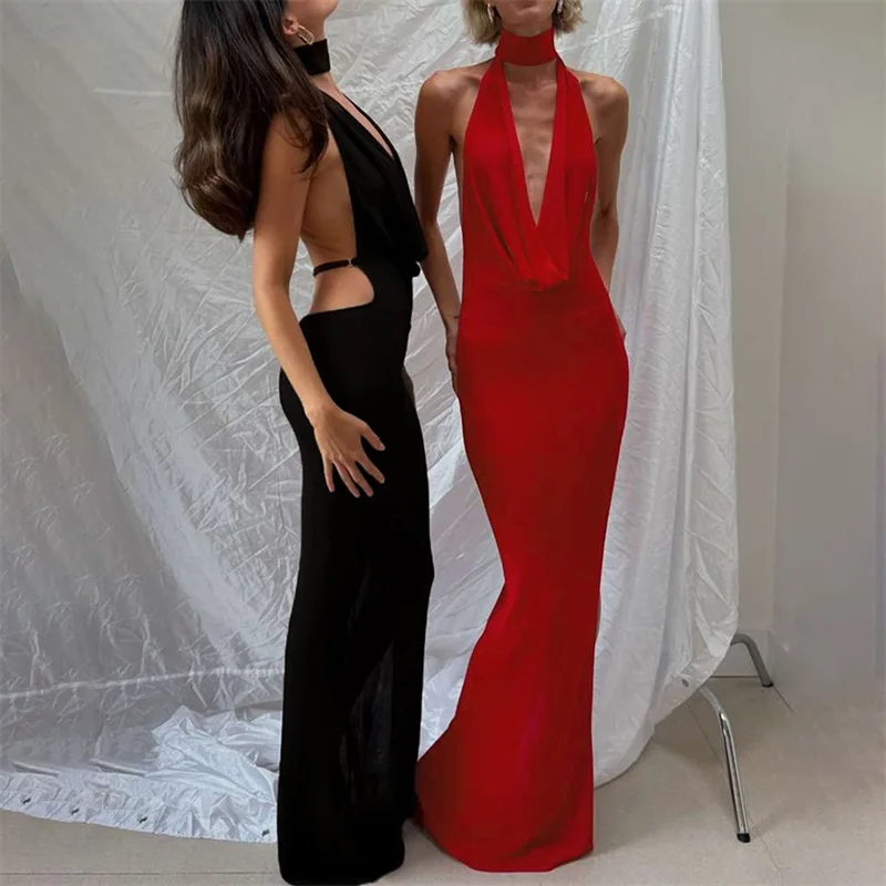 Сексуальное женское платье для выпускного вечера с лямкой на шее и V-образным