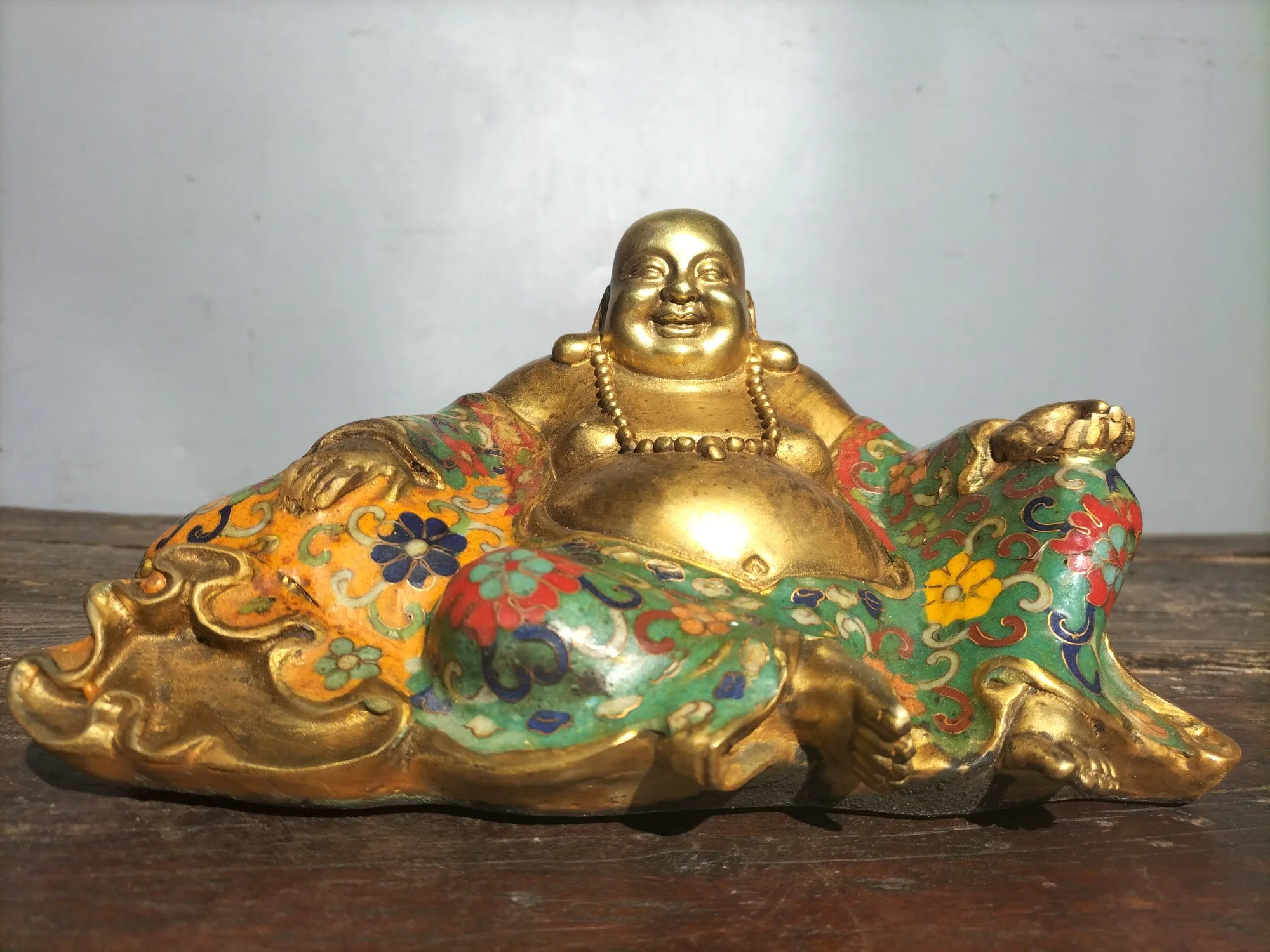 

9"Tibetan Temple Collection Old Bronze Cloisonne Enamel Gold Bag Maitreya Buddha Amass wealth worship hall Town House Exorcism
