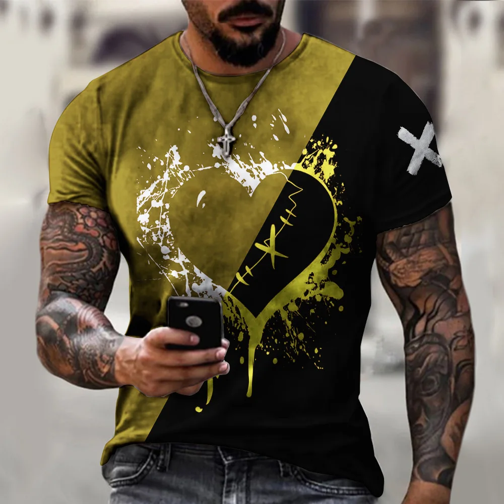 

Fashion Thin Section Splicing Design Section Heart-shaped 3D T-shirt Hot Men and Women with the Same Paragraph Set Short-sleeved