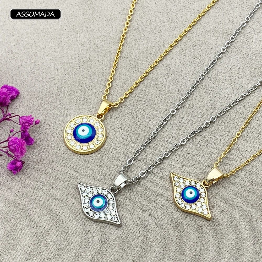 

Stainless Steel Lucky Evil Eye Pendant Necklace Crystal Turkish Blue Eyes Clavicle Chains Short Choker Necklace For Women Gift