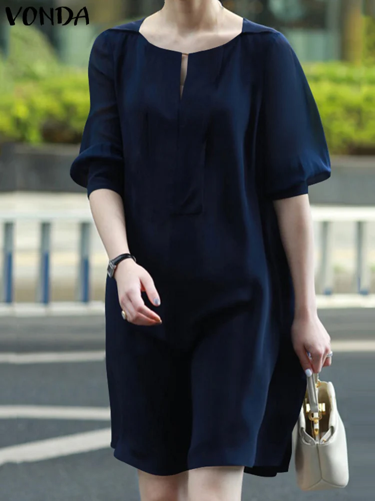 

VONDA Women Summer Dress 2023 Short Sleeve Shirt Dress Hollow Solid Color Mini Sundress Casual Vestidos Loose Oversized Robe