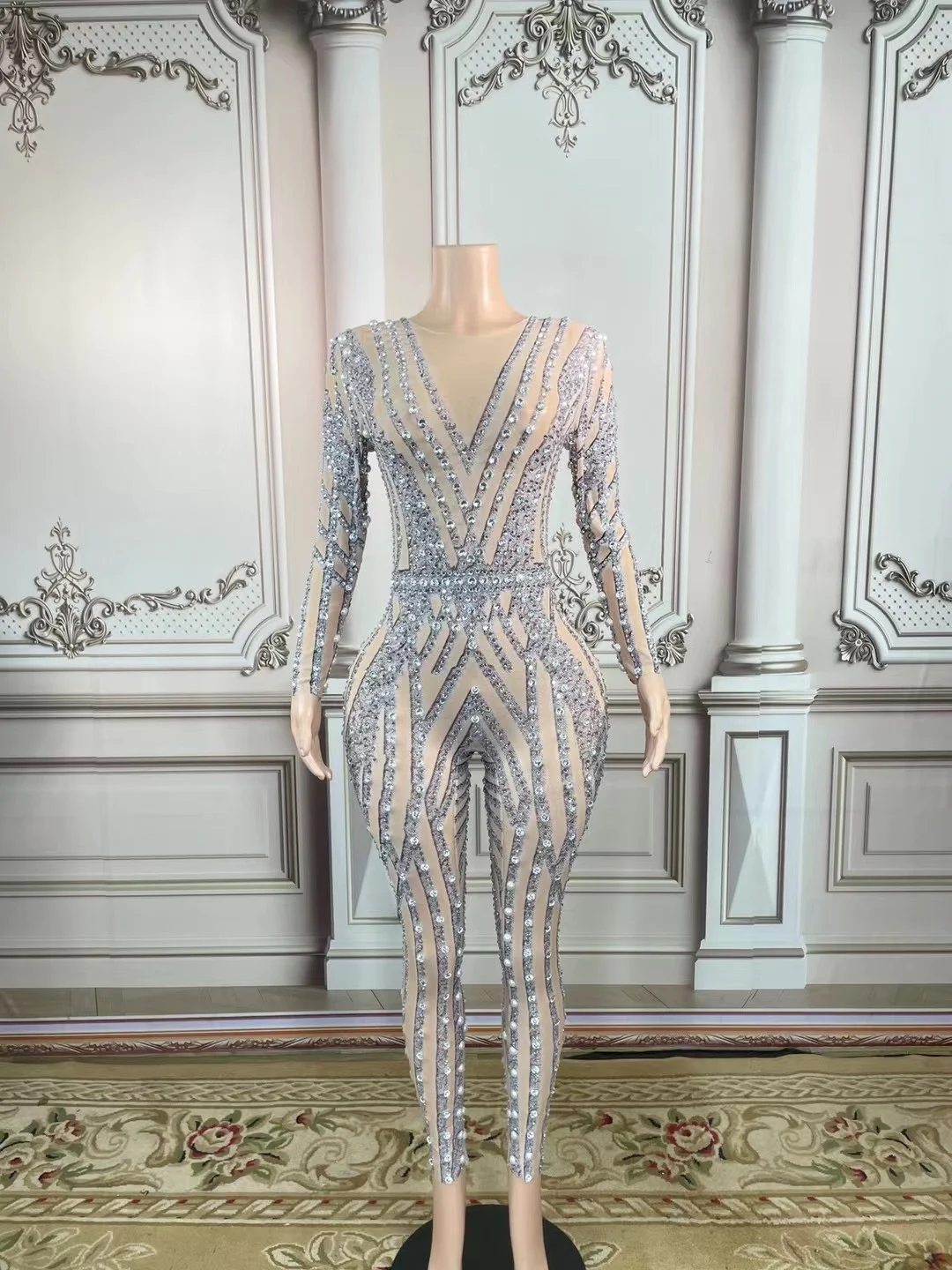 

Luxury Pearls Mirrors Rhinestones Mesh Transparent Jumpsuit Gloves Lady Evening Prom Party Birthday Celebrate Outfit Stage Wear