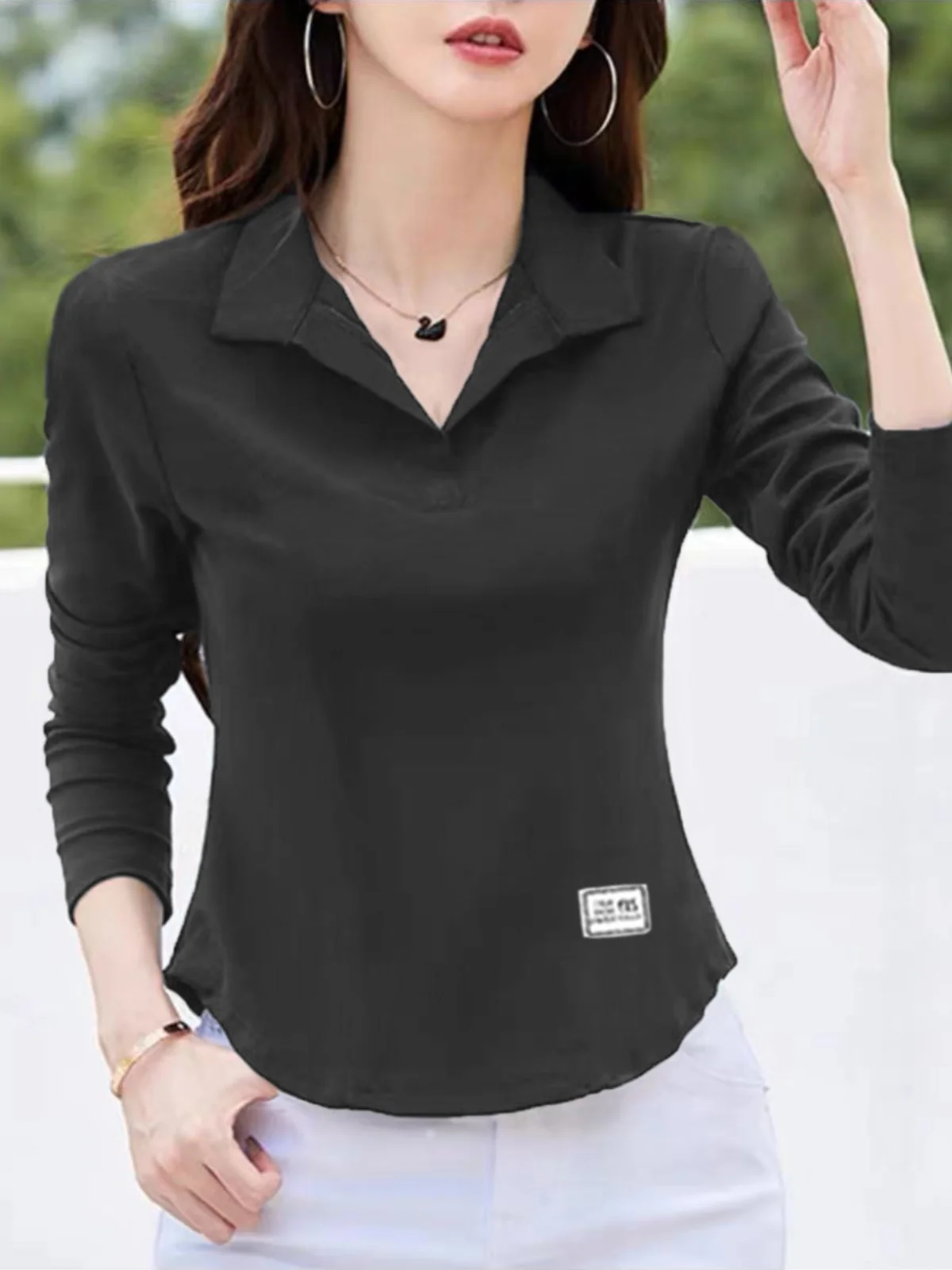 Модная рубашка из чистого хлопка с воротником-поло и длинными рукавами женская