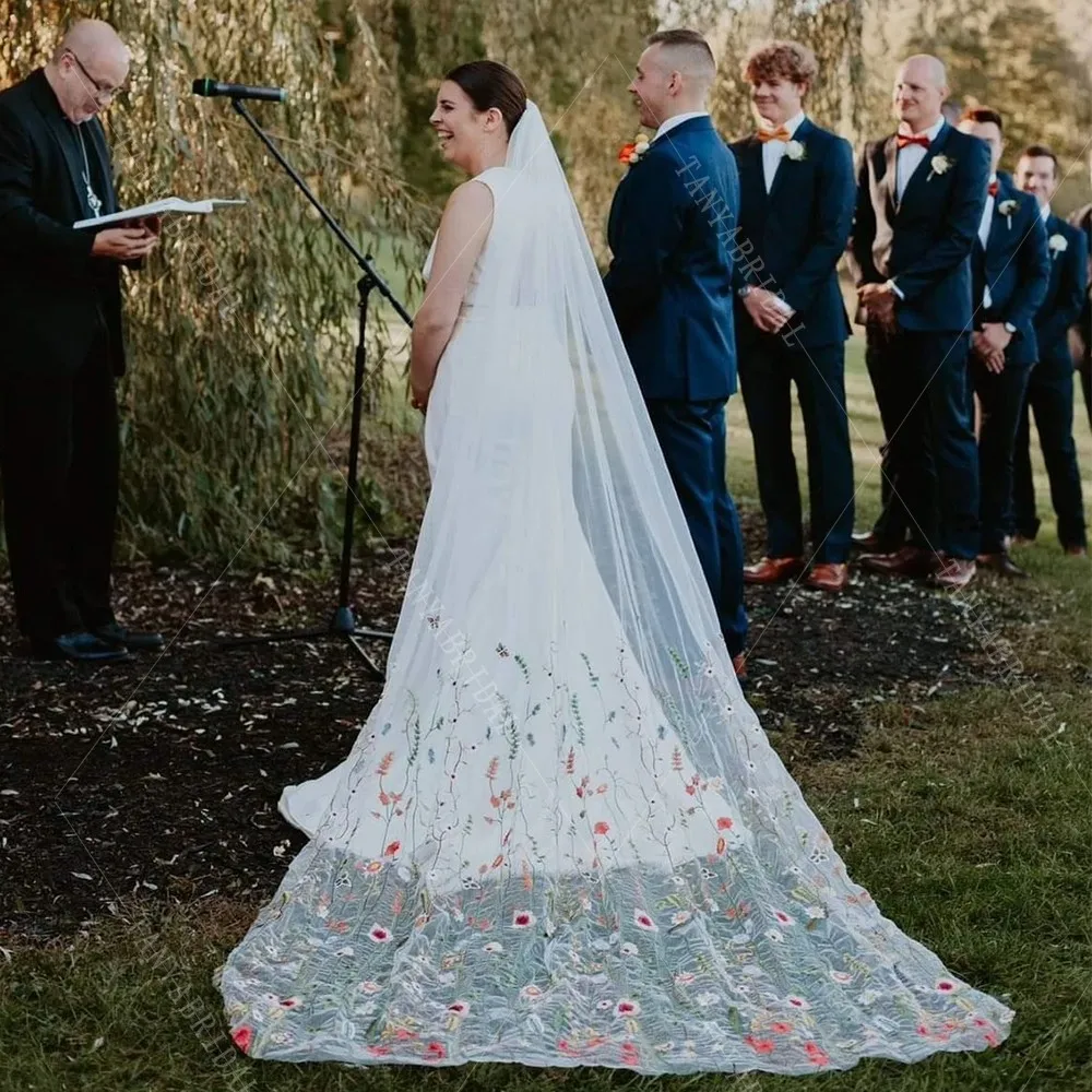 Романтическая длинная цветочная кружевная мягкая сетчатая свадебная фата по