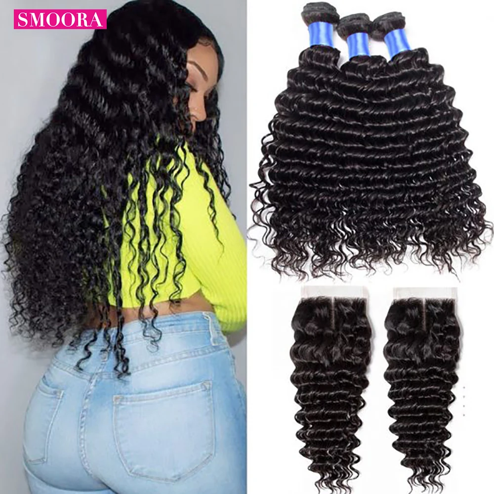 36 38 40 Inch Brazilian Bundles With Closure Deep Curly Long Hair Weave Pre Plucked Remy Hair Extension Human Hair With Closure