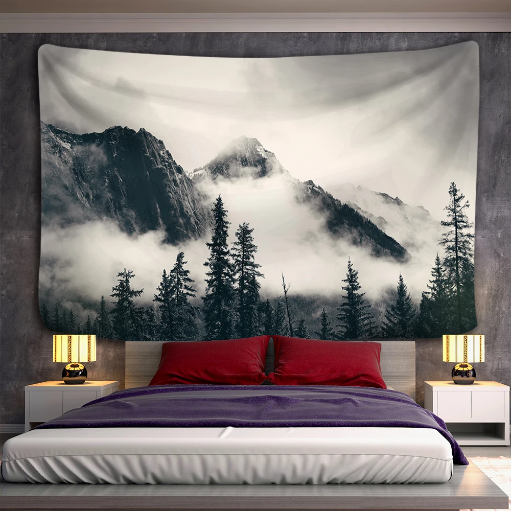 

Туманный лесной гобелен, горы, природный пейзаж, настенное украшение для дома, гостиной, спальни, страшное одеяло, гобелены