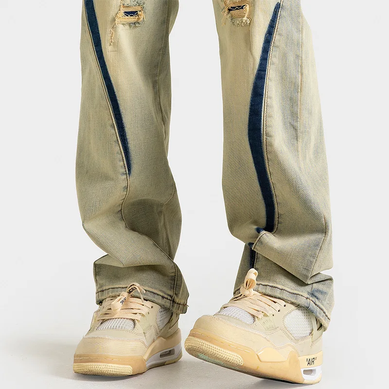 Vintage Yellow Mud Jeans Straight Leg Distressed Patchwork Ripped Denim Jeans Men High Street