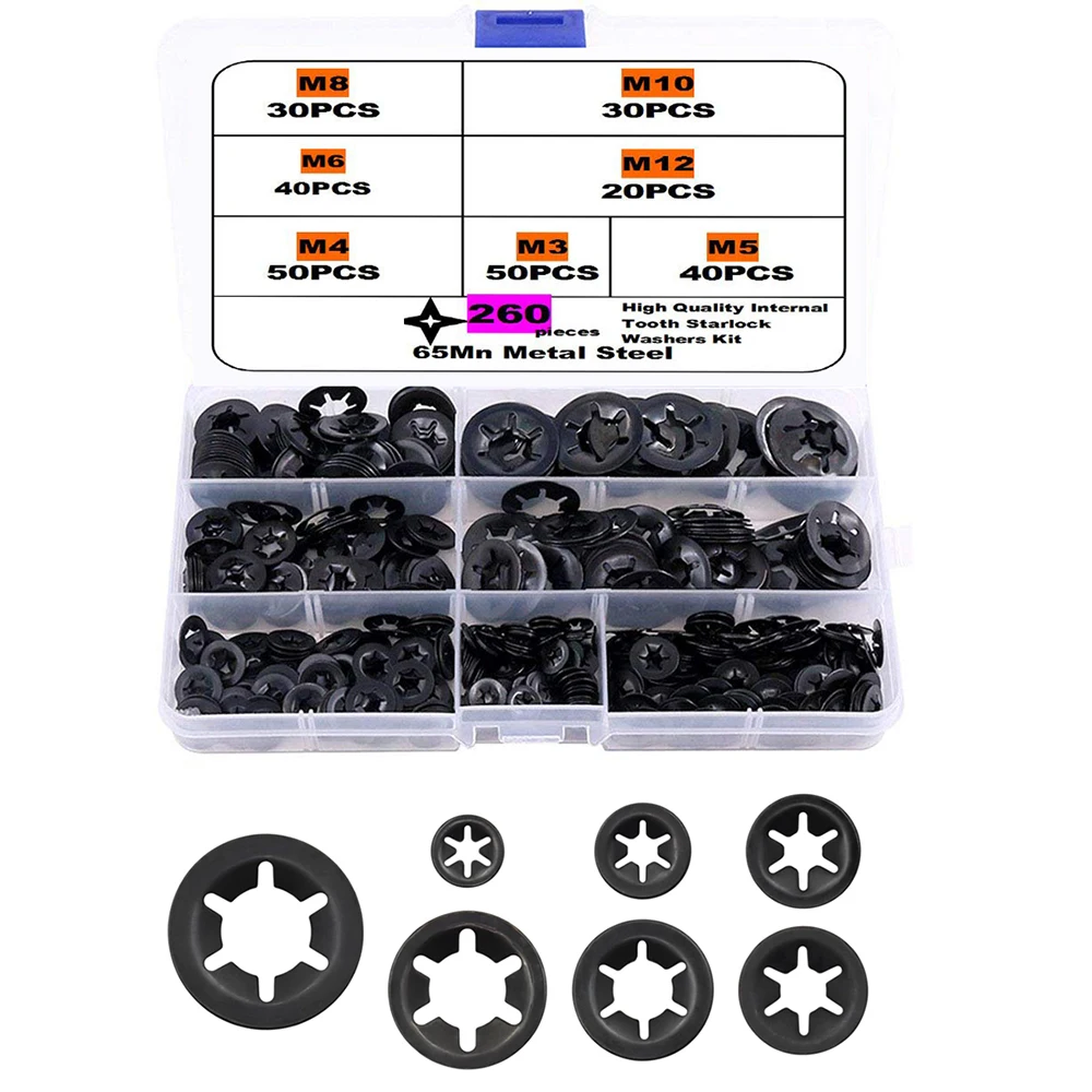 

260 шт. шайбы с внутренними зубьями, комплект стопорных шайб, нажимные скоростные зажимы, крепежные детали, набор M3 M4 M5 M6 M8 M10 M12