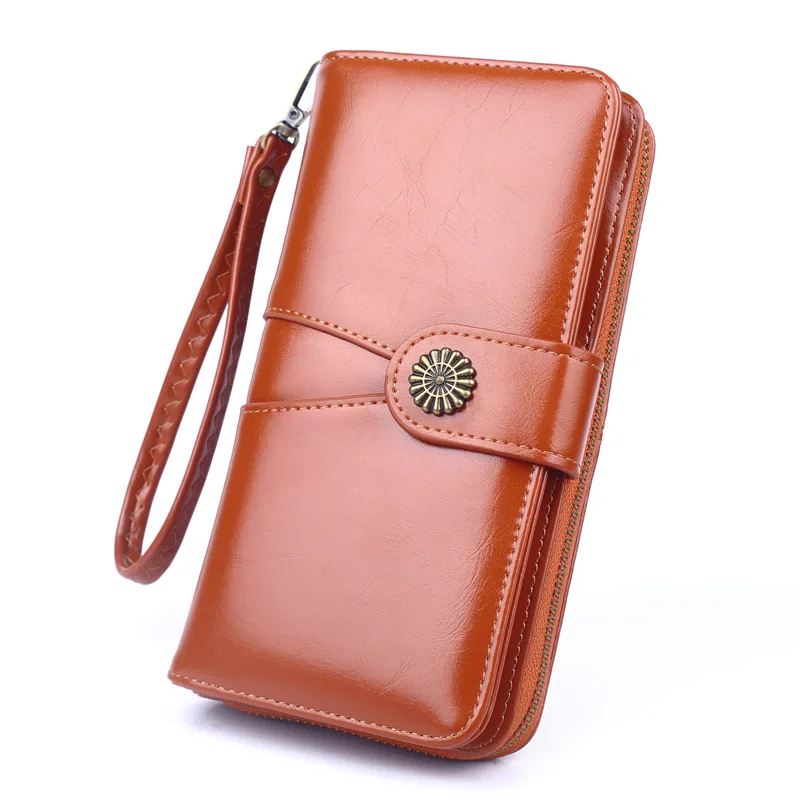 

Oil Wax Leather Women Wallets New Fashion Long Wallets for Women 2022 Luxury Stitching Clutch Bag Female Zipper Card Holder