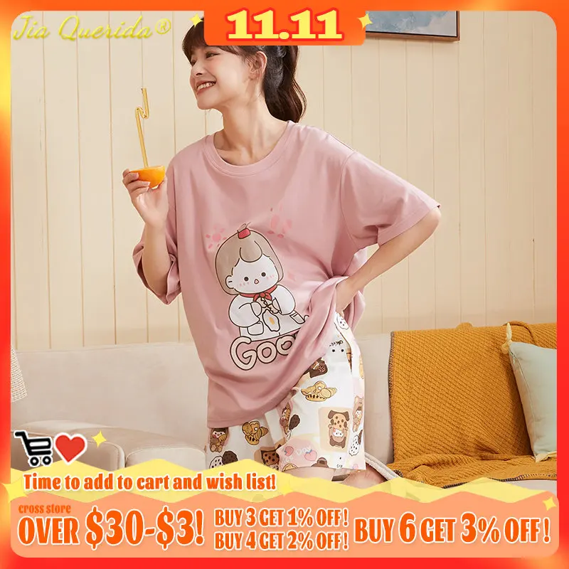 

Комплект из двух предметов, летние хлопковые шорты для женщин, розовый пижамный комплект с героями мультфильмов для девочек, Прямая поставк...