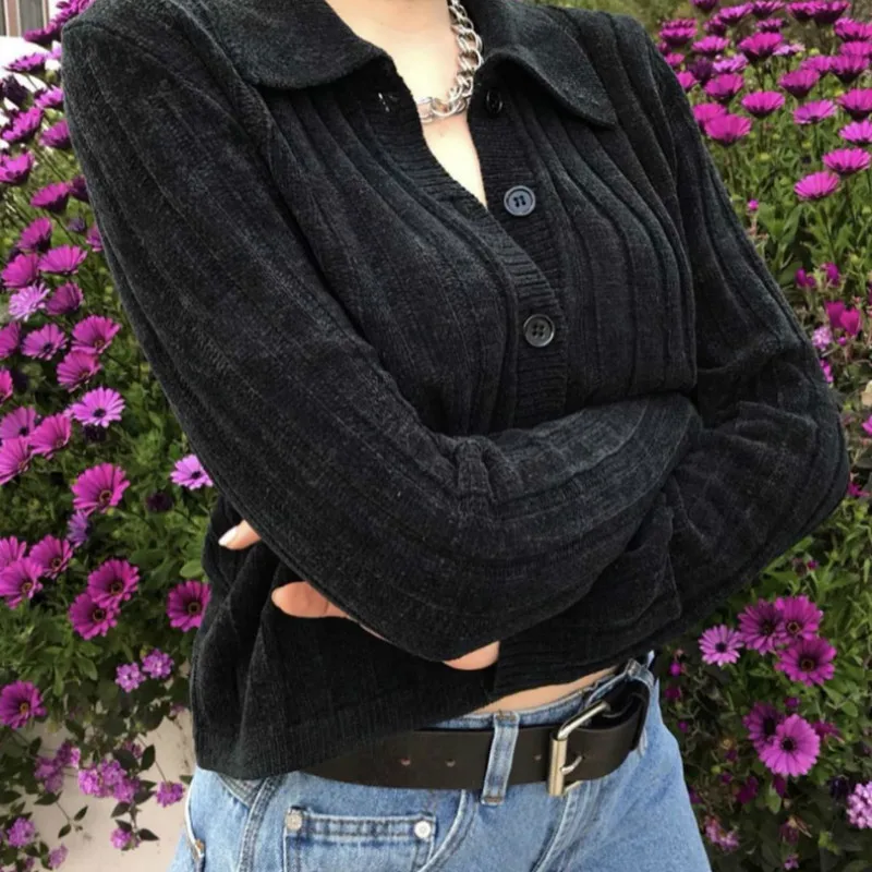 

2022 Women's Autumn Short Black Slim Vertical Striped Nightclub Collar Sweater Long Sleeve Knitted Cardigan Women New Cardigan