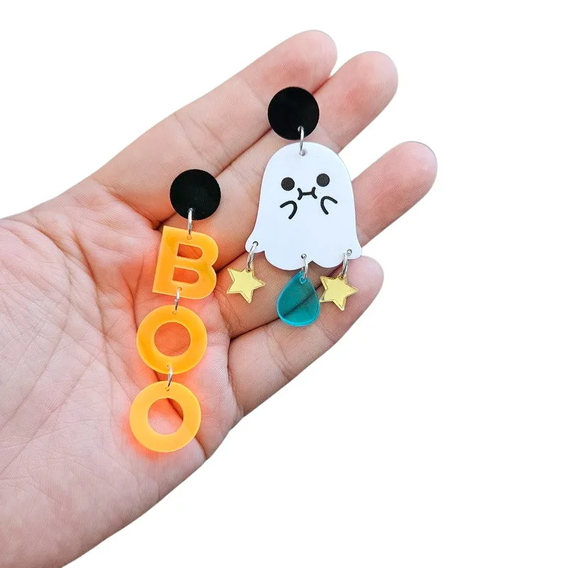 

Halloween Cartoon Smiley Ghost BOO Pentagram Asymmetric Earrings Acrylic Jewelry
