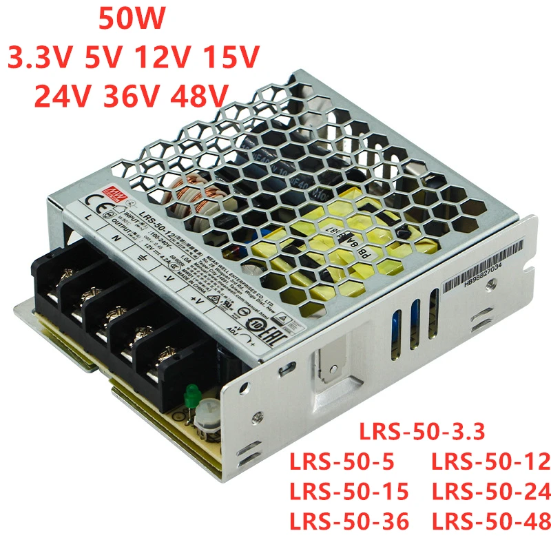 

MEAN WELL 50W Single Output Switching Power Supply LRS-50-12 LRS-50-15 LRS-50-24 LRS-50-36 LRS-50-48 3.3V 5V 12V 15V 24V 36V 48V