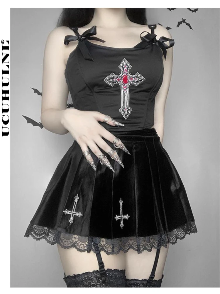 

UCUHULNL Punk Y2K Hight Waist Lace Tirm Mini Skirts Autumn 2022 Streetwear Gothic E Girl Black Velvet Cross Pleated Skirt Women