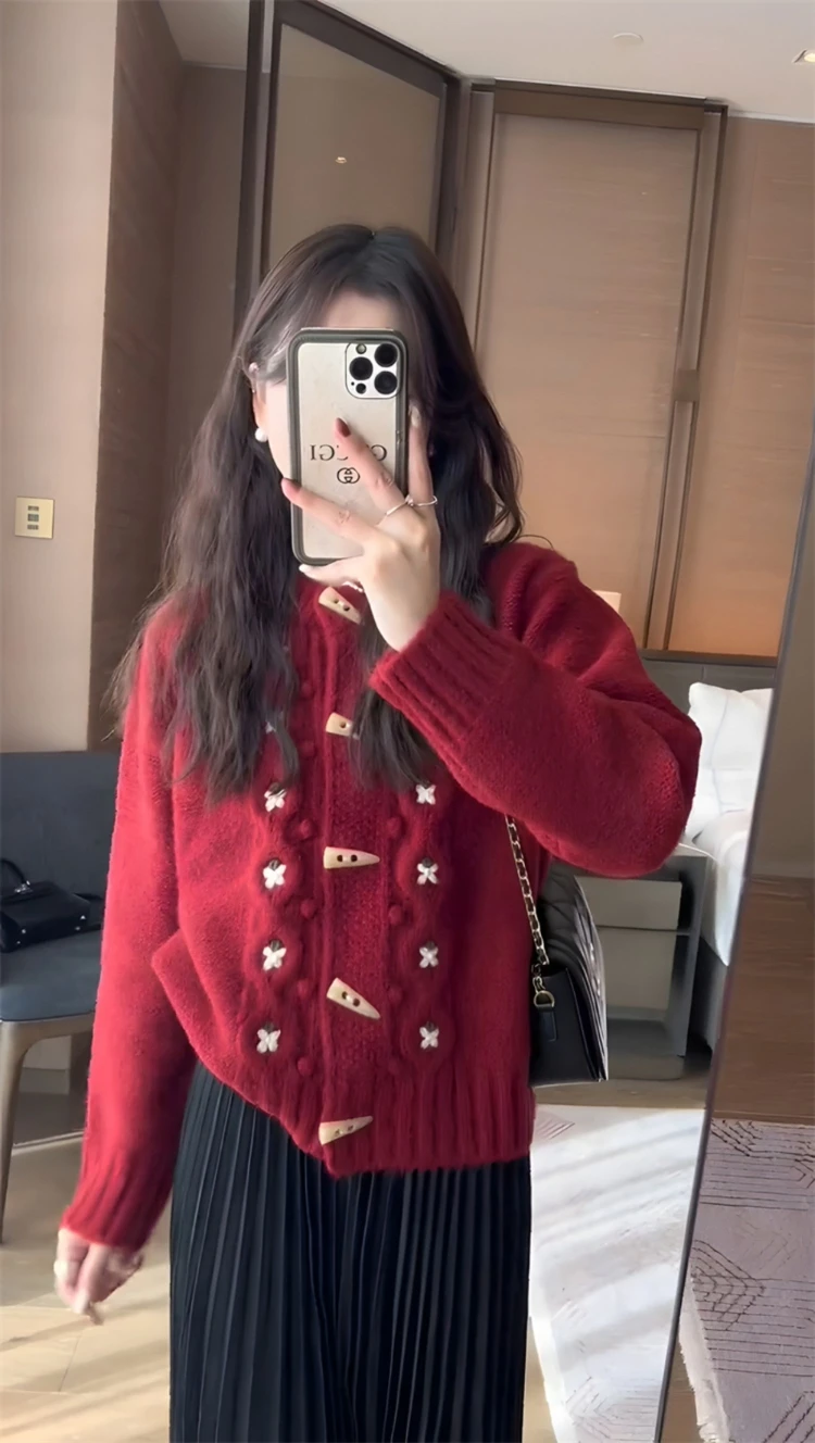 2023 весенний милый красный свитер женская одежда осень зима Новогодняя