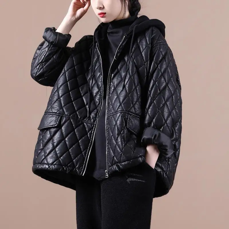 

Korean Version of The Loose 2021 Literary Thickened Quilted Leather Women's New Jacket Women's Tide Ins Autumn and Winter Hooded