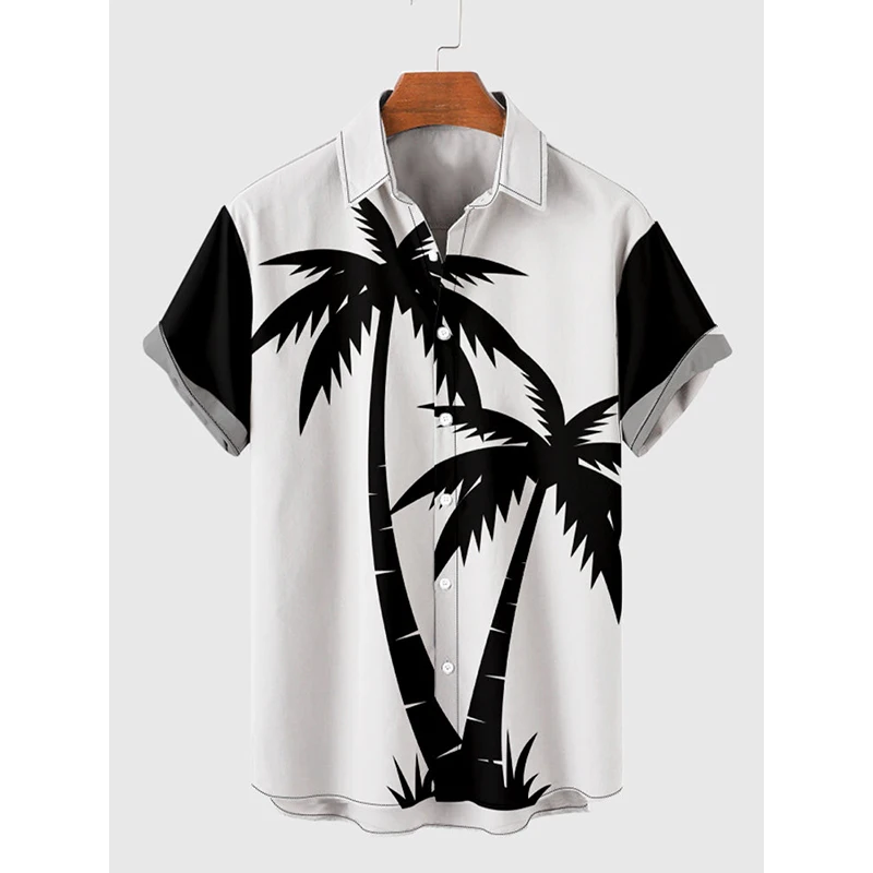 

White And Black Matching Palms Coconut Tree Printing Men‘s Holiday Breathable Short Sleeve Tee Shirt Men Blouse Tops