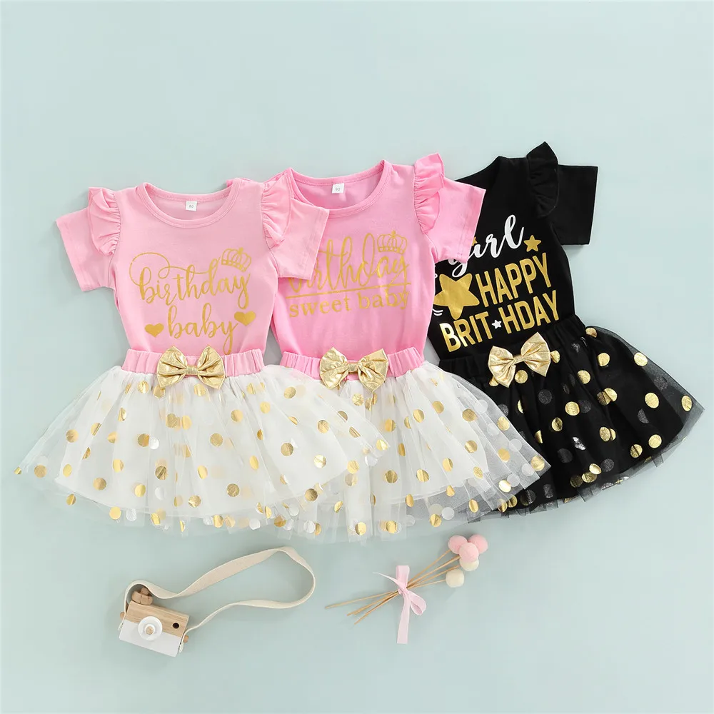 

2022-03-11 Lioraitiin 0-5Years Toddler Baby Girl 2Pcs Summer Fashion Clothing Set Short Sleeve Leter Shirt Lace Skirt