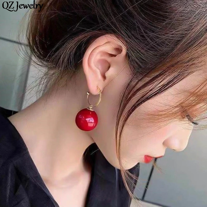 Korean Trendy Elegant Shiny White Red Champagne Pearl Hoop Drop Earrings Circle Ball Bead Pendant Dangle Earrings for Women Gift