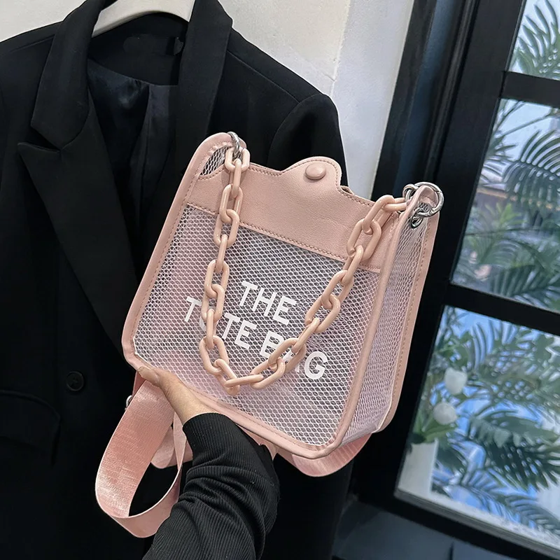 FUNMARDI Summer Mesh Transparent Bags For Women 2023 Beach Jelly Bag Letter Shoulder Messenger Bag Chain Handle Handbag WLHB3324