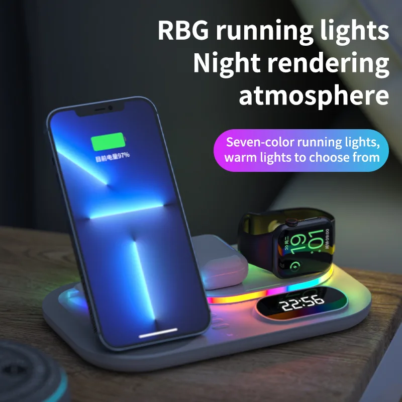 

Type-c Input Interface 4 In 1 Two-color Versatile Style Fast Wireless Charger With Digital Clock Wireless Charging Station