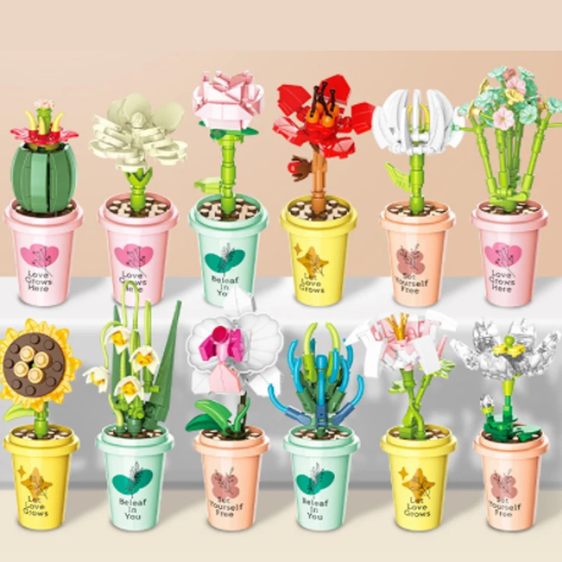 

JK2658 Potted Flower Pot Milk Tea Cup Plant Series Small Particle Building Block Children's toys