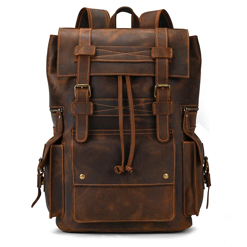 Cowhide Backpack For Men Genuine Leather Bag 16 Inch Backpack Male Large Capacity Travel Bag Crazy Horse Skin Men Weekend Bag