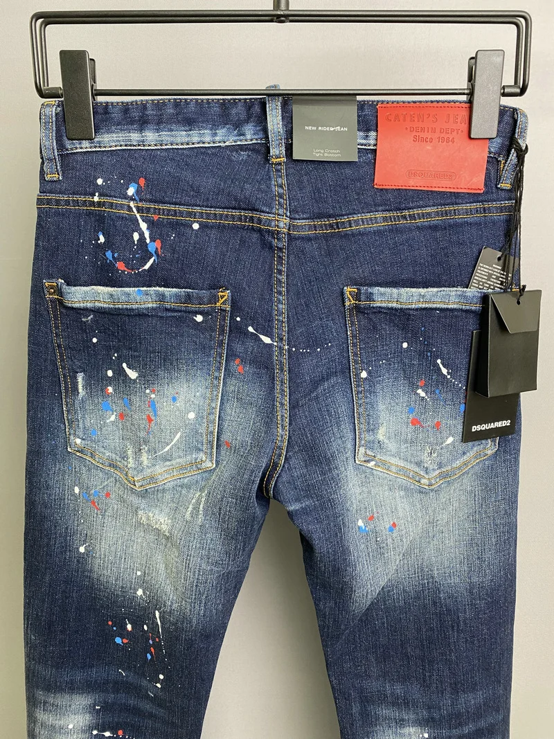 New DSQUARED2 Men's/Women Fashion Slim-Fit Ripped Patch Jeans, Paint Ripped Ink Micro-Elastic Blue Pants 9822