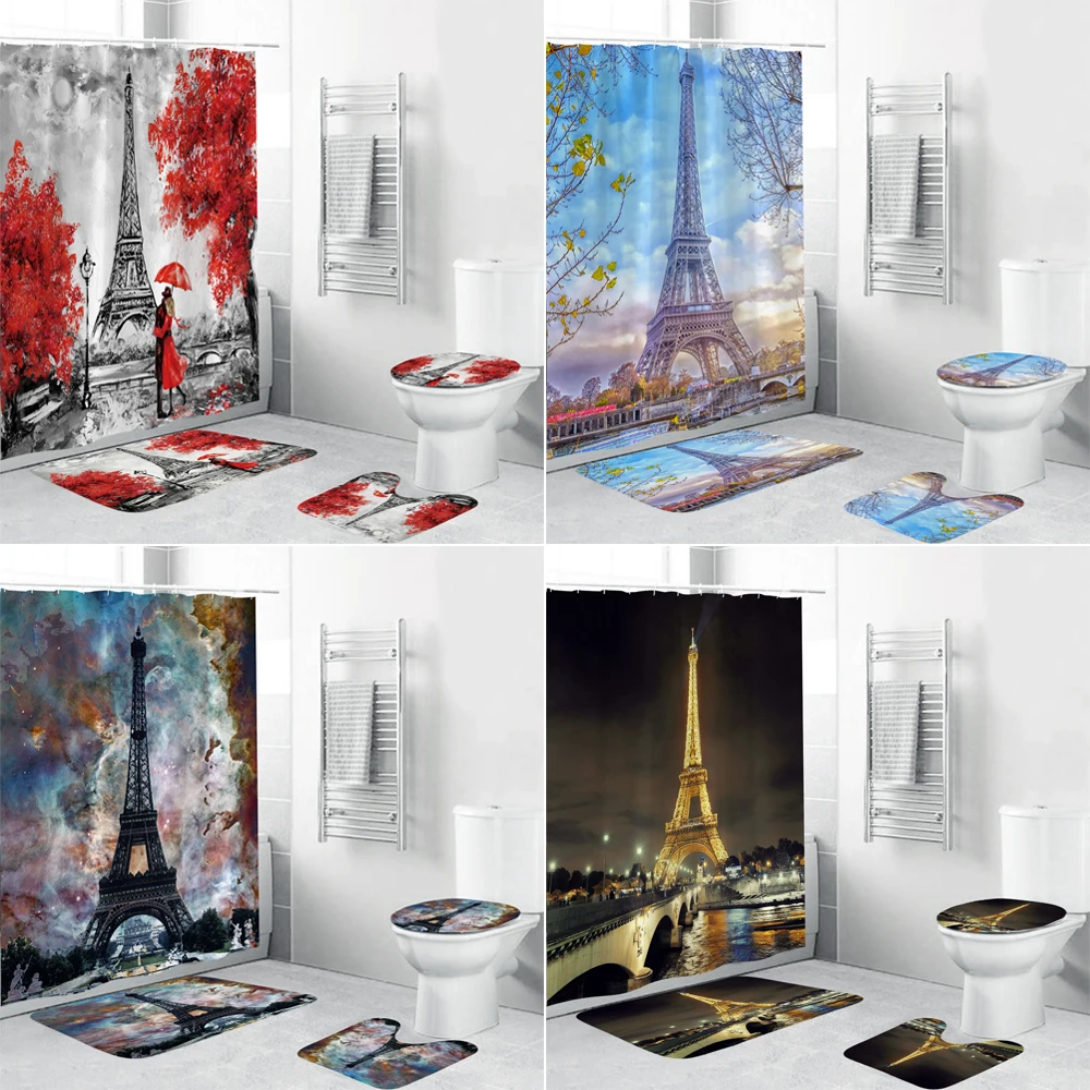 

Eiffel Tower 3D Shower Curtain Paris Landscape Bathroom Curtains Set Non-Slip Rugs Toilet Lid Cover Mat Carpet Home Decor