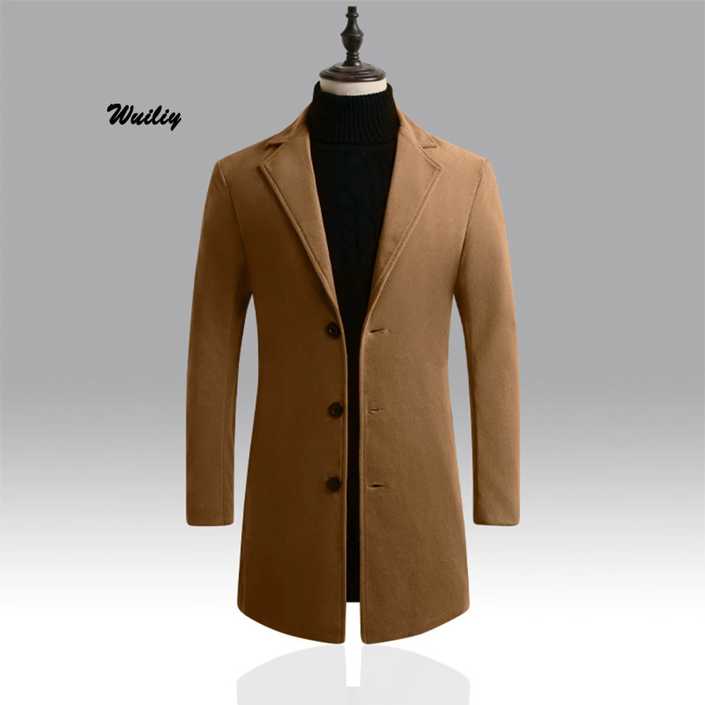 

Мужское осенне-зимнее Однотонное шерстяное пальто азиатского размера облегающая Повседневная хлопковая ветровка средней длины для мужчин
