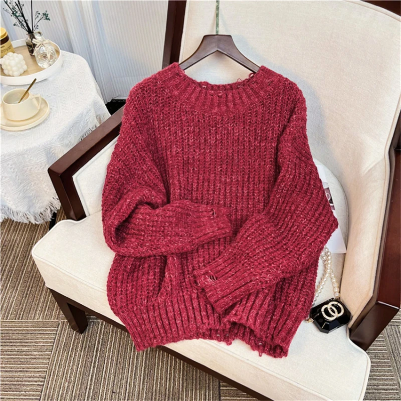 

Limiguyue Burgundy Knitted Sweater Women Autumn Winter Casual Oversize Jumpers Coarse Yarn O-Neck Elegant Knitwear Black T122