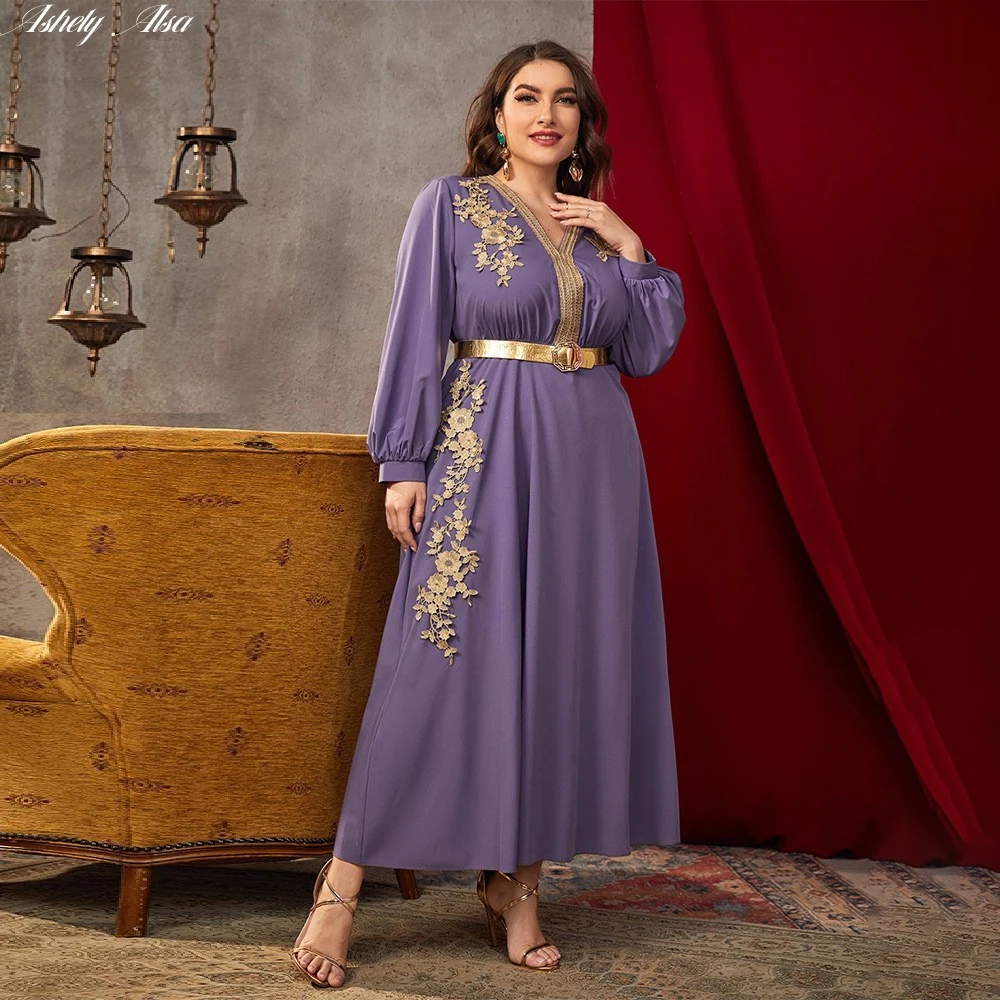 

Ashely Alsa Fashion Plus Size Women Dress Long Sleeve Applique Waistband A Line Lady Muslim Arabic Evening Formal Gown AA-21908