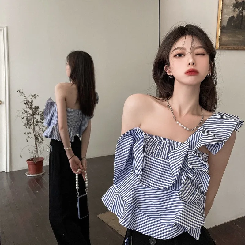 

New Summer Fashion Short Shirt Irregular Ruffled Casual Slim Chic White Blue Striped Blouse Sexy One Shoulder Asymmetric Hem Top