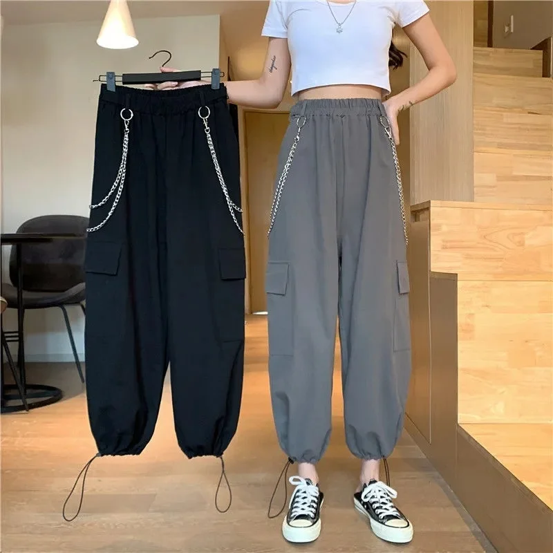 

Модные свободные брюки-карго в стиле Харадзюку, женские уличные брюки с высокой талией и эластичной цепочкой, женские летние брюки в Корейском стиле, стиль хип-хоп