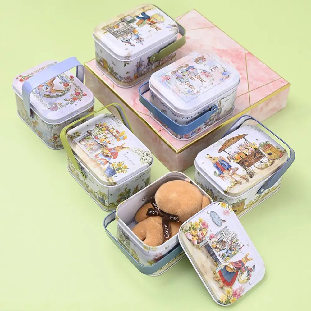 

Candy Box Cartoon Rabbit Pattern with Handle Vintage Multi-functional Gift Box Portable Easter Cookie Gift Tins for Holiday