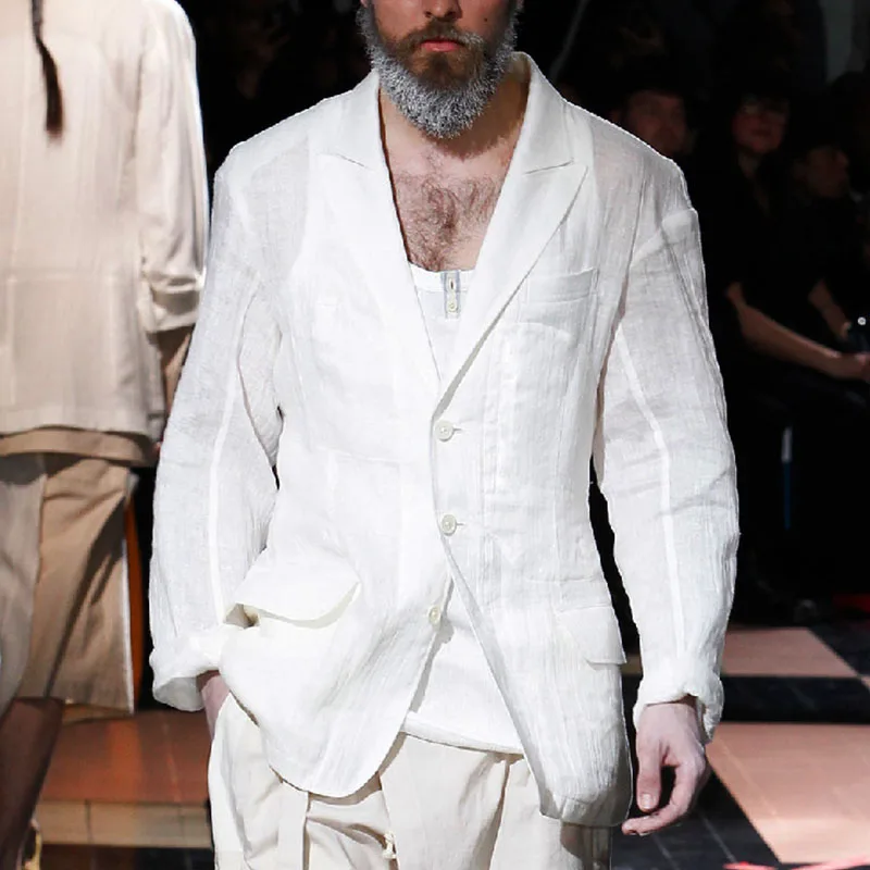 

Пиджак мужской из хлопка и льна, однотонный блейзер в западном стиле, топ для подиума, дышащий свободный белый костюм для ночного клуба, лето