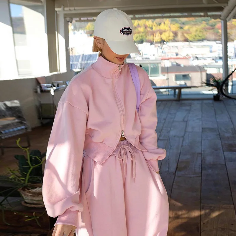 

Autumn Hoodie Pants Set Solid Color Loose Sweatshirt Pants Two Sides Zipper Harajuku Streetwear Daily Casual Style Chic S-L