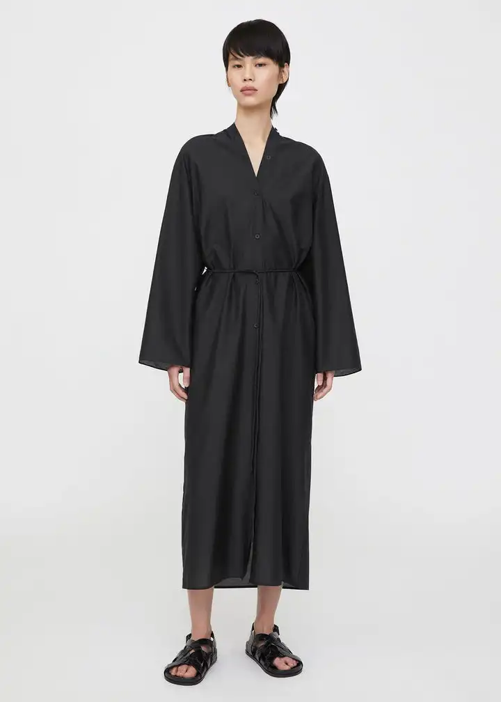 

Women Dress 2022 Spring Summer New Solid Color V-neck Long-sleeved Waist Dress Belted Loose Women Casual Mid-length Dress