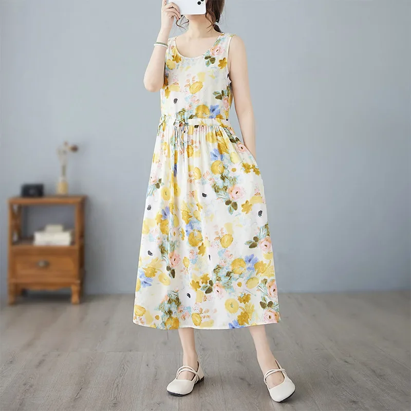 ArtisticPlus Size Women's Long Dress Summer Waist-Fitted Tummy-Concealing Holiday With Pocket Cotton Linen Sleeveless Vest |