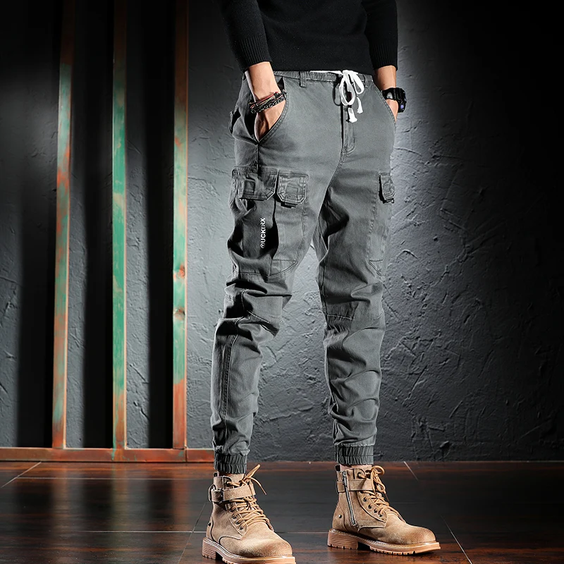 Fashion Streetwear Loose Jeans Men Elastic Multi Pockets Casual Cargo Pants Hombre Spliced Designer Hip Hop Joggers Men Overalls