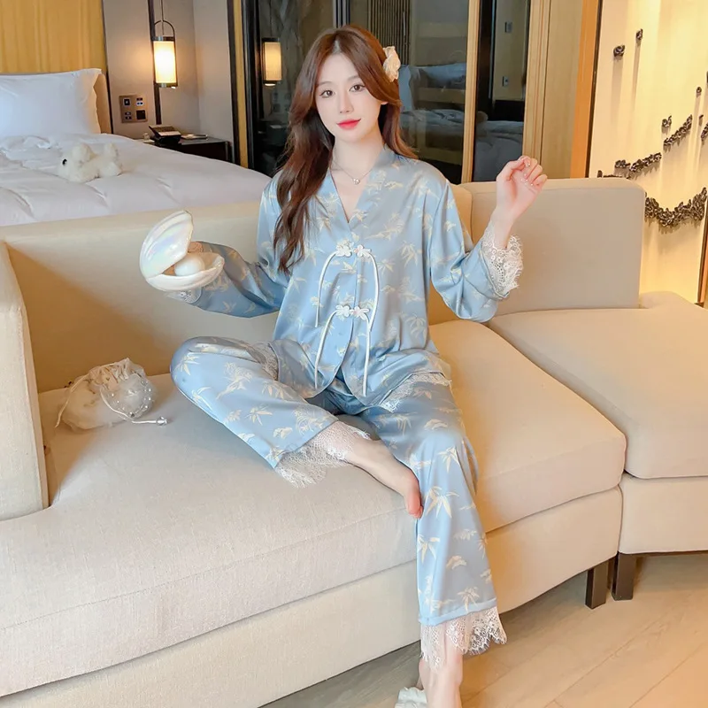 2023 Spring New Ice Silk Pajamas Women's Suit Long-Sleeved Trousers Chinese Retro Buckle Bamboo Suit Home Wear