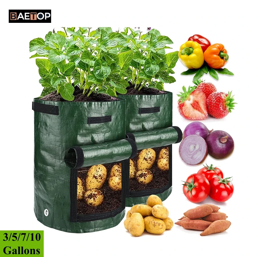 3/5/7/10 Gallon Potato Grow Bags PE Fabric Pots for Plants Garden Planting Bag With Harvest Windows & Sturdy Handles
