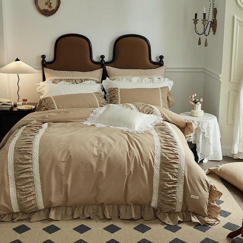 

40S Soft Yarn-dyed Washed Cotton French Lace Edge Princess Bedding Ruffles Quilt Cover Set Bed Linen Pillow Shams Bedclothes
