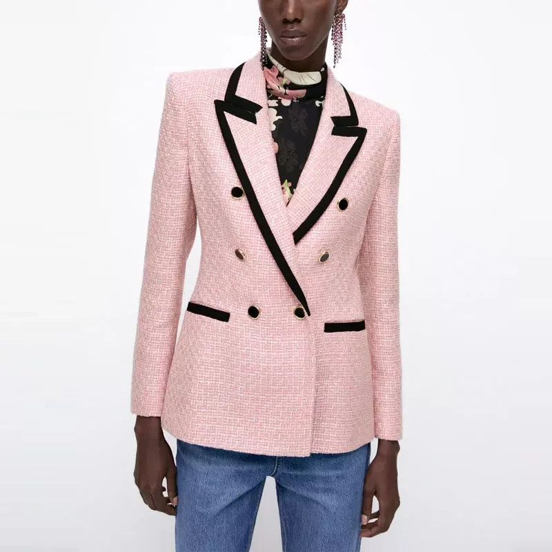 2022NEW Elegant Pink Textured Blazer Women Long Sleeve Contrast Piping Double Breasted Blazers Femal Fashion Cute Coat Outerwear