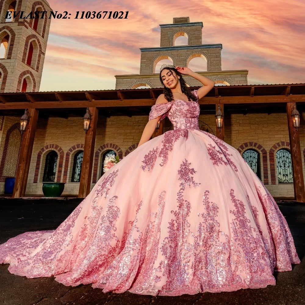 EVLAST Розовое платье Quinceanera по индивидуальному заказу бальное блестящая кружевная