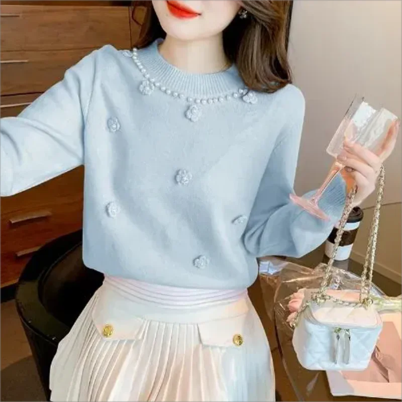 Осенние вязаные пуловеры с бусинами и цветами свитер Женский винтажный