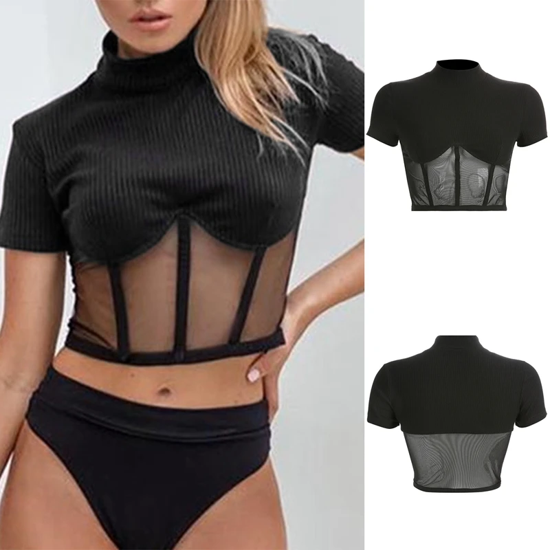 

Summer Slim Render Short Top Sexy Women Short Sleeve O Crop Tops Tank Tops Solid Black Crop Vest Tops