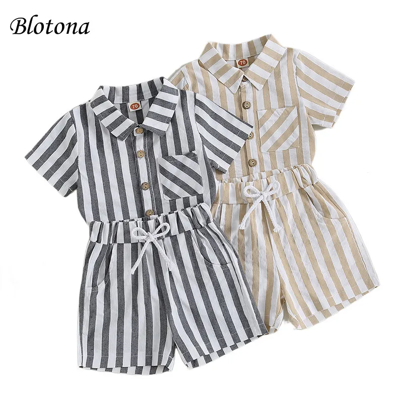 

Blotona 2Pcs Little Boys Outfit, Toddler Summer Striped Lapel Short Sleeve Single-breasted Shirt Tops +Elastic Waist Shorts 0-3Y