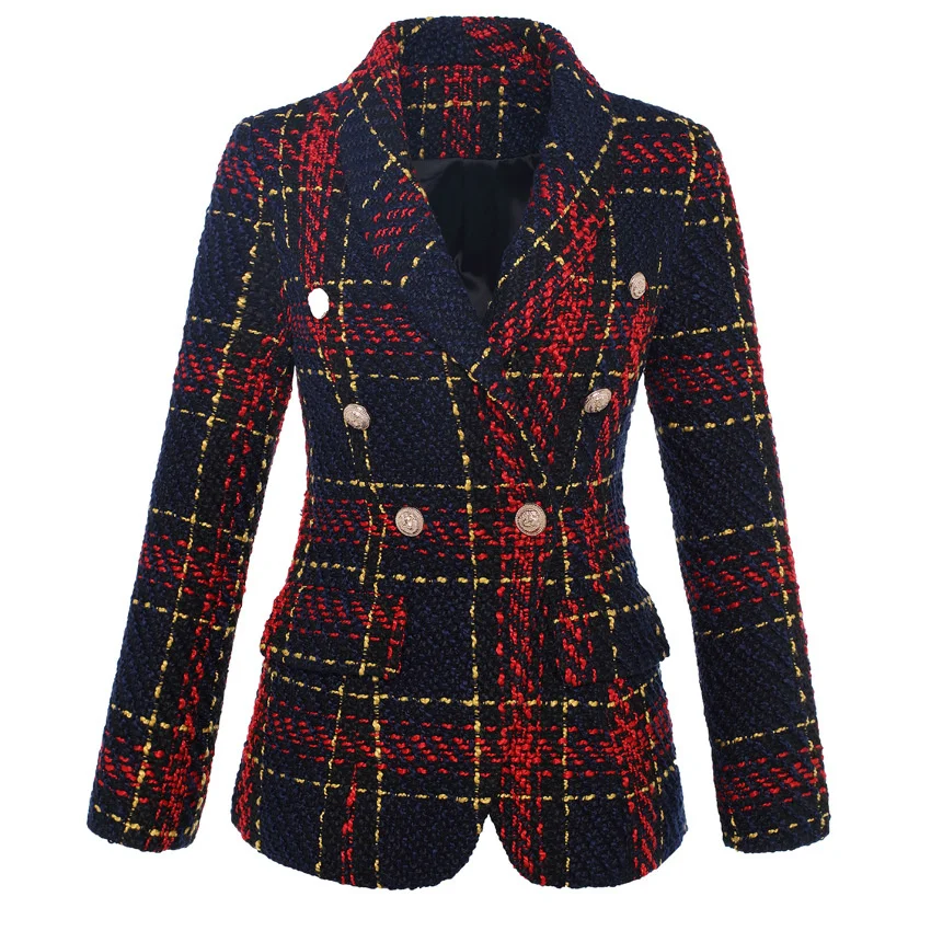 XXL Tweed Woolen Blazer Coats Women Suit 2022 New Women's Jacket Thick Line Lattice Woven Double-breasted Blazers Female Autumn