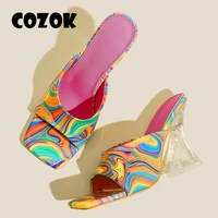 tie dye shoes for women fashion 3d print high heel sandals british style slippers square toe outside slippers plus size 42